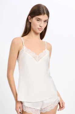 ETAM Pijamas Para Novias|Partes De Arriba De Pijama|Top satinado con detalles de encaje CRUDO