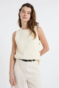 ETAM Sin Mangas|Cuello Redondo|Top sin mangas de algodón con botones dorados lino