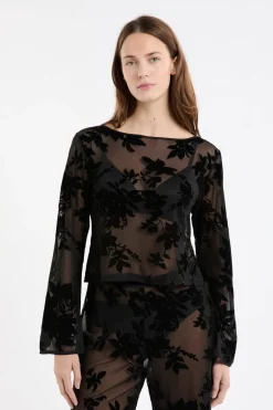 ETAM Pijamas Sexy|Partes De Arriba De Pijama|Top transparent à motif floral NOIR