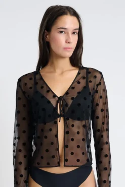 ETAM Pijamas Sexy|Partes De Arriba De Pijama|Top transparente de manga larga NEGRO