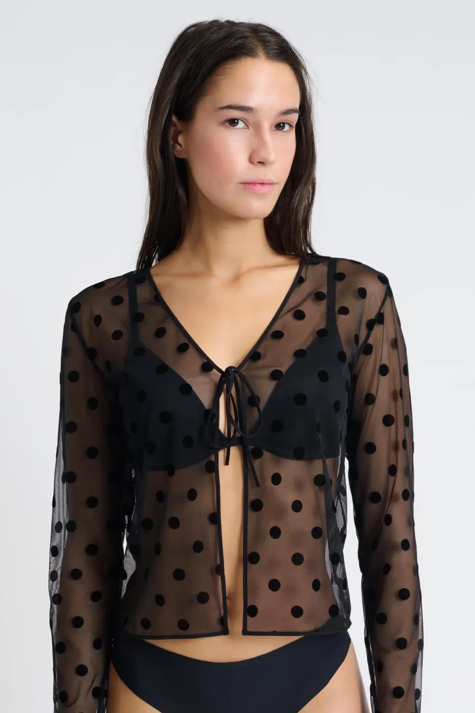 ETAM Pijamas Sexy|Partes De Arriba De Pijama|Top transparente de manga larga NEGRO