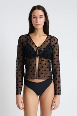 ETAM Pijamas Sexy|Partes De Arriba De Pijama|Top transparente de manga larga NEGRO
