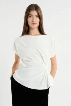 ETAM Cuello Redondo|Manga Corta|T-shirt drapé avec noeud BLANC