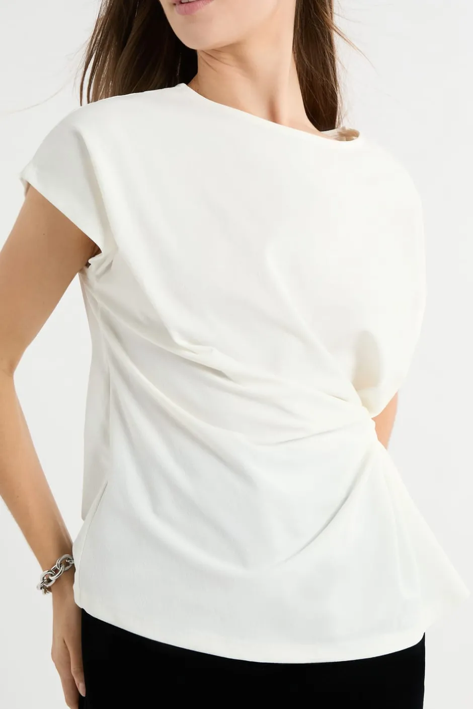 ETAM Cuello Redondo|Manga Corta|T-shirt drapé avec noeud BLANC