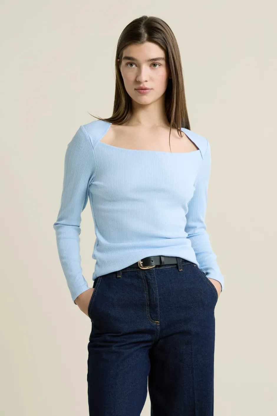 ETAM Manga Larga|Camisetas|T-shirt manches longues encolure carrée BLEU