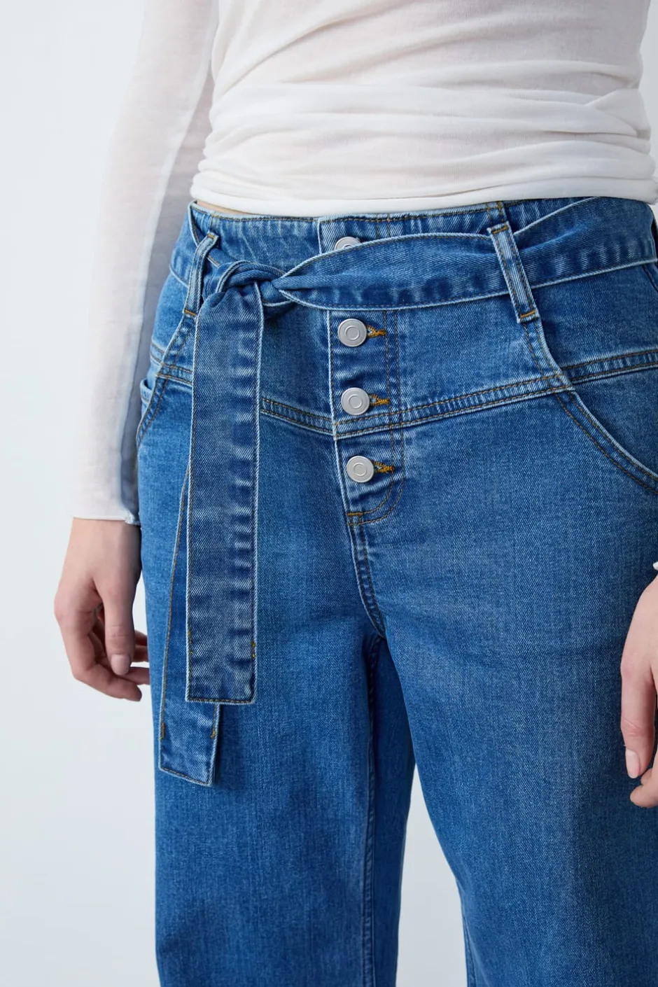 ETAM Mom Jeans|Vaqueros corte zanahoria con corbata AZUL REAL