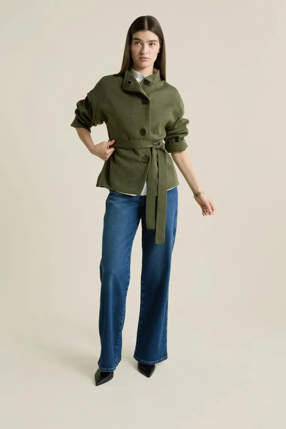 ETAM Cuello Alto|Chaquetas|Veste maille ceinturée KAKI