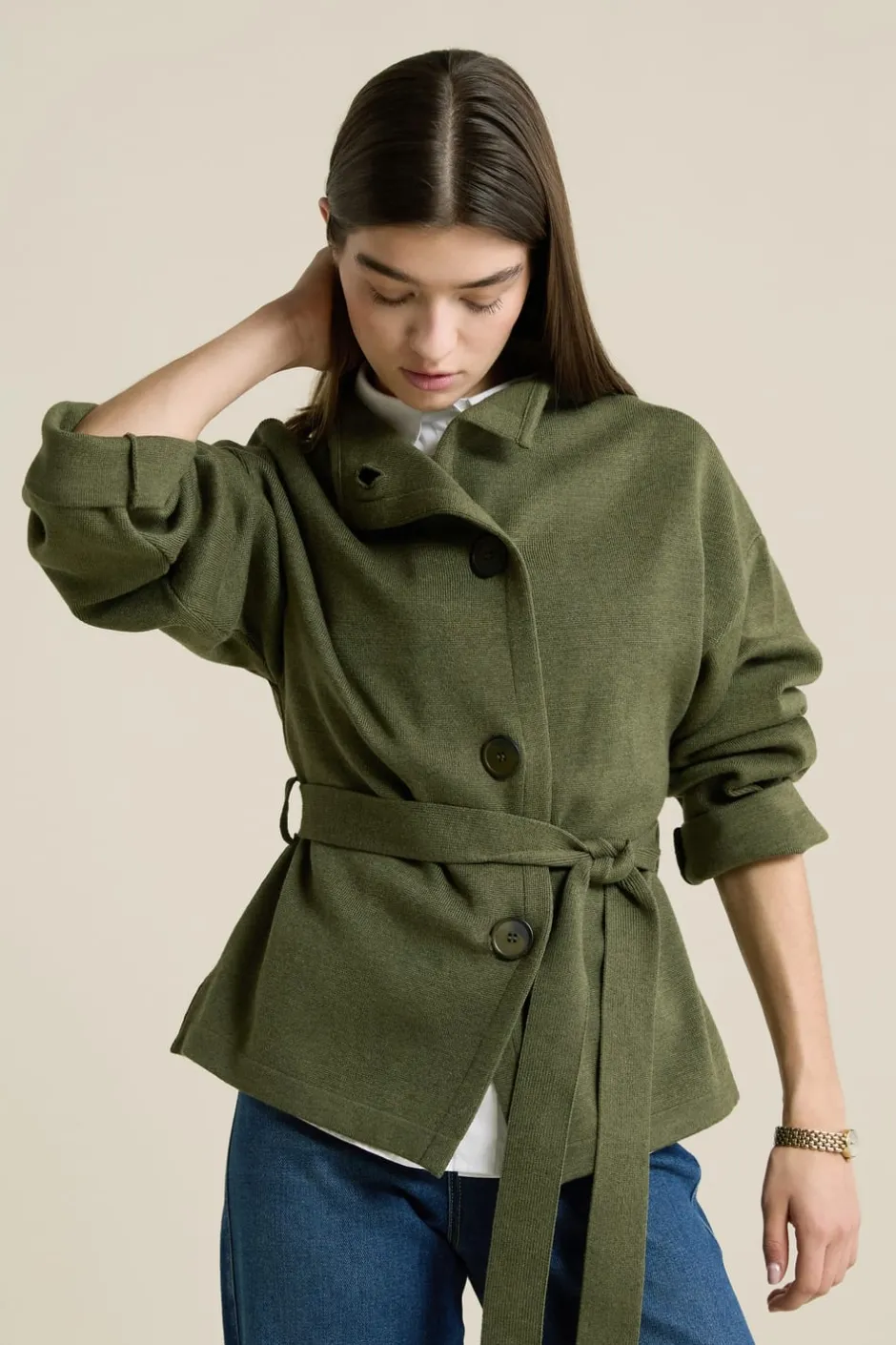 ETAM Cuello Alto|Chaquetas|Veste maille ceinturée KAKI