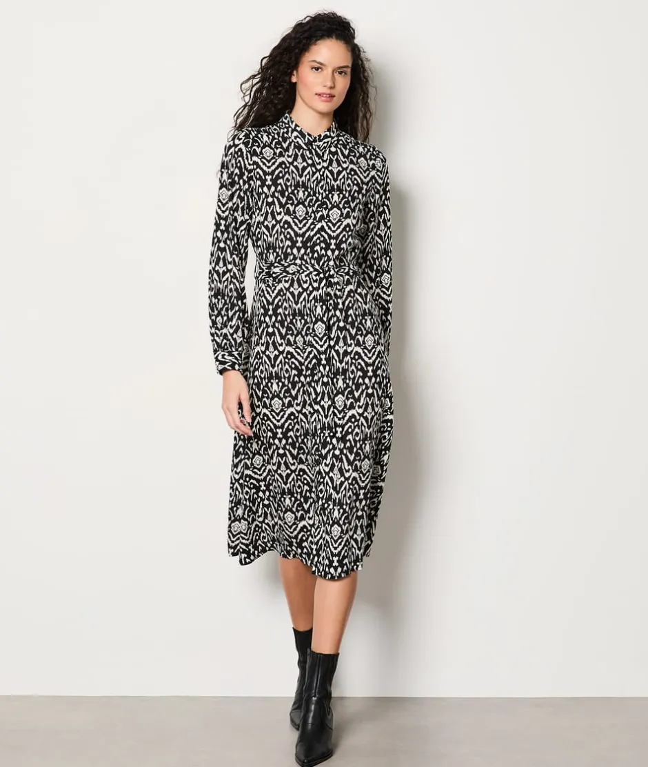ETAM Vestidos Largos|Vestidos Estilo Bohemio|Vestido camisero estampado con cinturón ANTRACITA