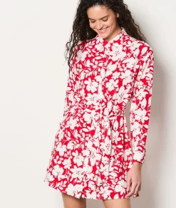 ETAM Vestidos Cortos|Vestidos Estilo Bohemio|Vestido camisero floral con cinturón IMP FD CORAIL
