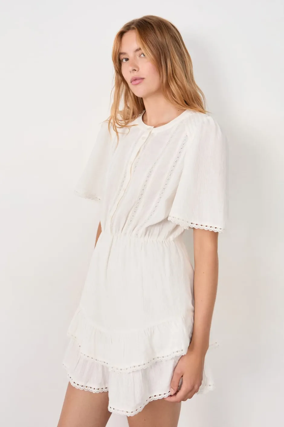 ETAM Vestidos Cortos|Vestidos Lisos|Vestido de algodón con bordado ECRU