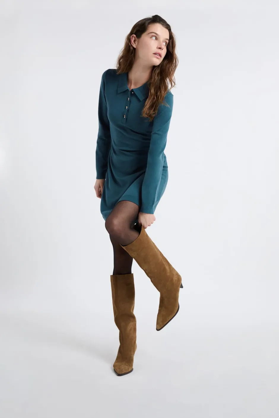ETAM Vestidos Cortos|Vestidos Lisos|Vestido de manga larga con botones dorados VERDE PATO