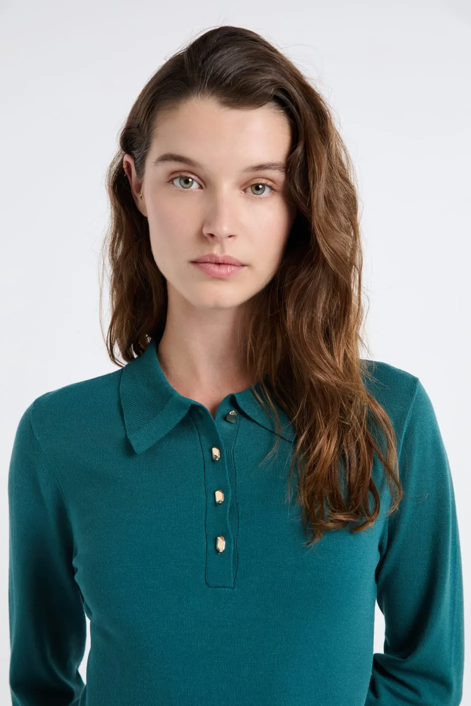 ETAM Vestidos Cortos|Vestidos Lisos|Vestido de manga larga con botones dorados VERDE PATO