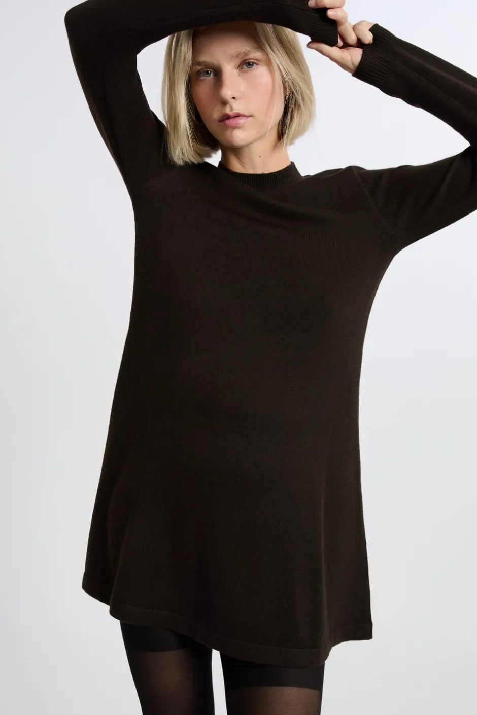 ETAM Vestidos Cortos|Vestidos Lisos|Vestido de manga larga con lana CHOCOLATE