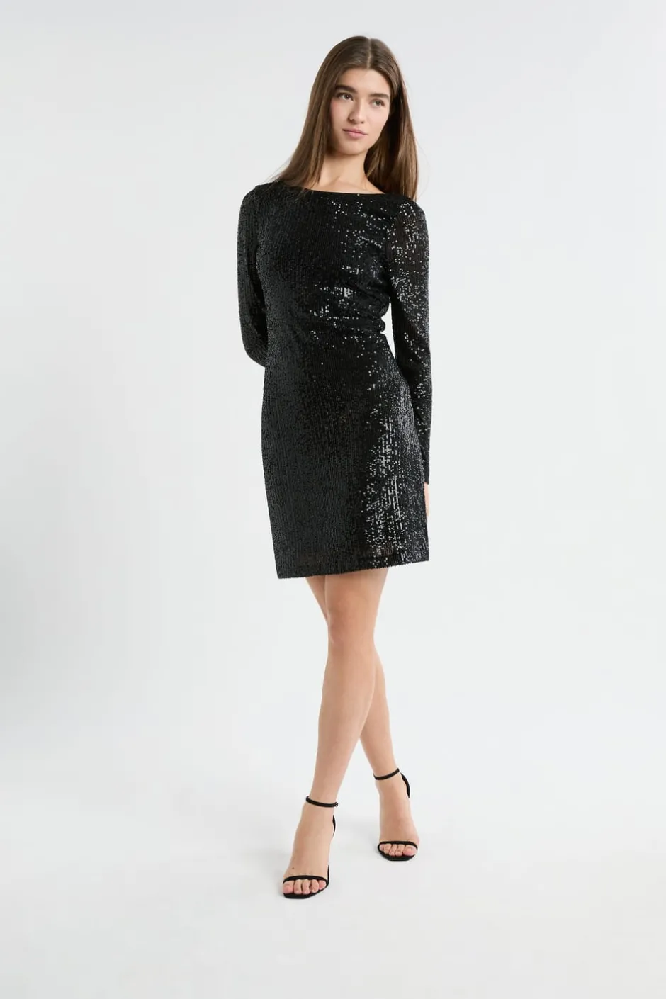 ETAM Vestidos Cortos|Vestidos Lisos|Vestido de manga larga con lentejuelas NEGRO