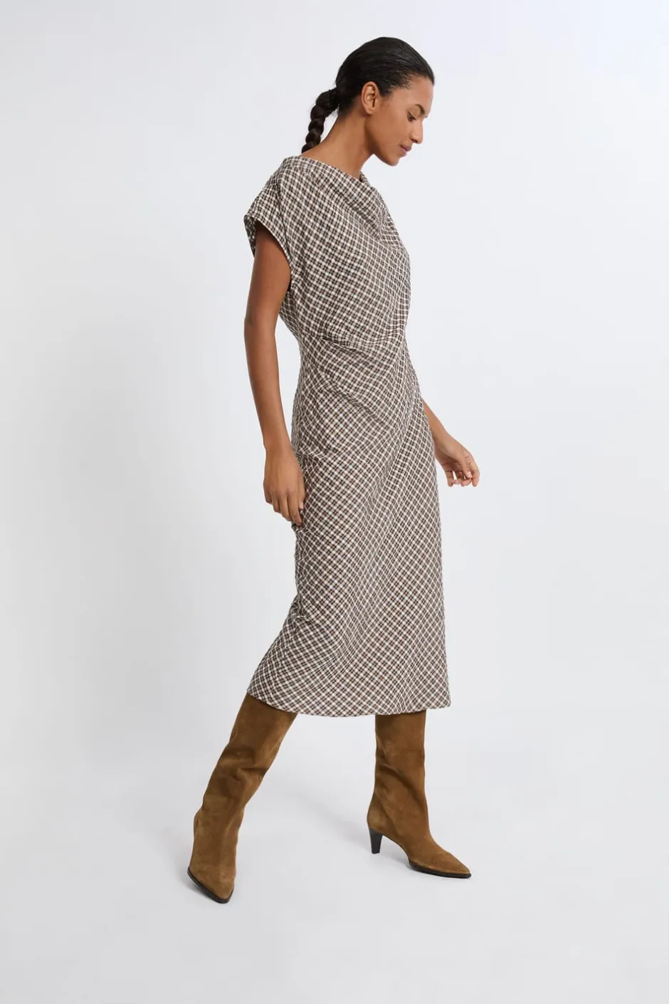 ETAM Vestidos Largos|Vestidos|Vestido largo a cuadros BEIGE