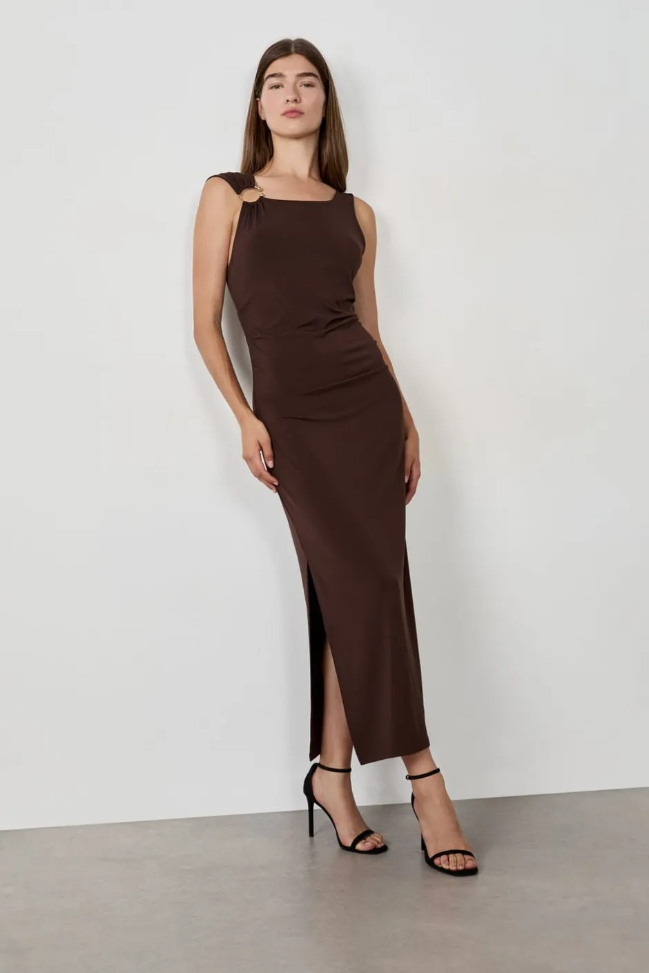 ETAM Vestidos Largos|Vestidos Lisos|Vestido largo con abertura MARRÓN