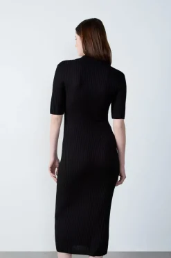 ETAM Vestidos Largos|Vestidos Lisos|Vestido largo de punto, manga corta NEGRO