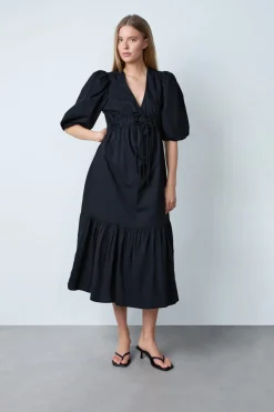 ETAM Vestidos Largos|Vestidos Lisos|Vestido midi de algodón con mangas abullonadas NEGRO