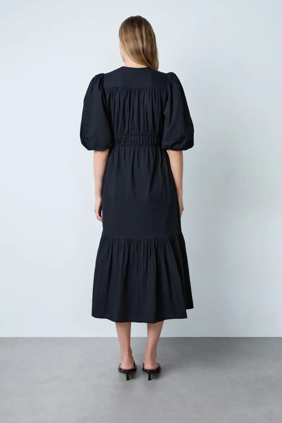 ETAM Vestidos Largos|Vestidos Lisos|Vestido midi de algodón con mangas abullonadas NEGRO