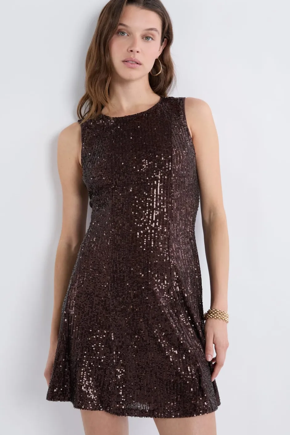 ETAM Vestidos Cortos|Vestidos Lisos|Vestido sin mangas con lentejuelas MARRÓN