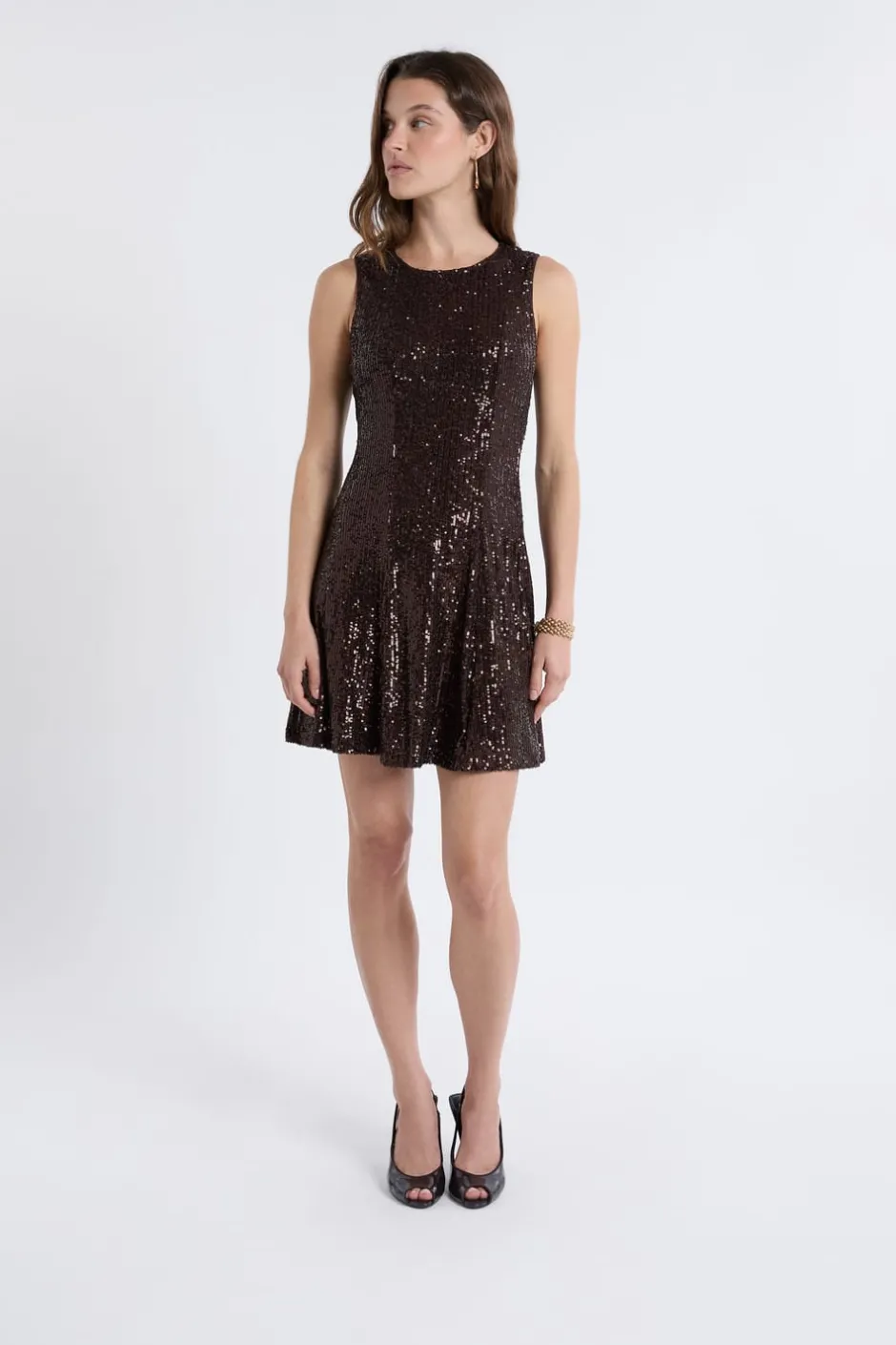 ETAM Vestidos Cortos|Vestidos Lisos|Vestido sin mangas con lentejuelas MARRÓN